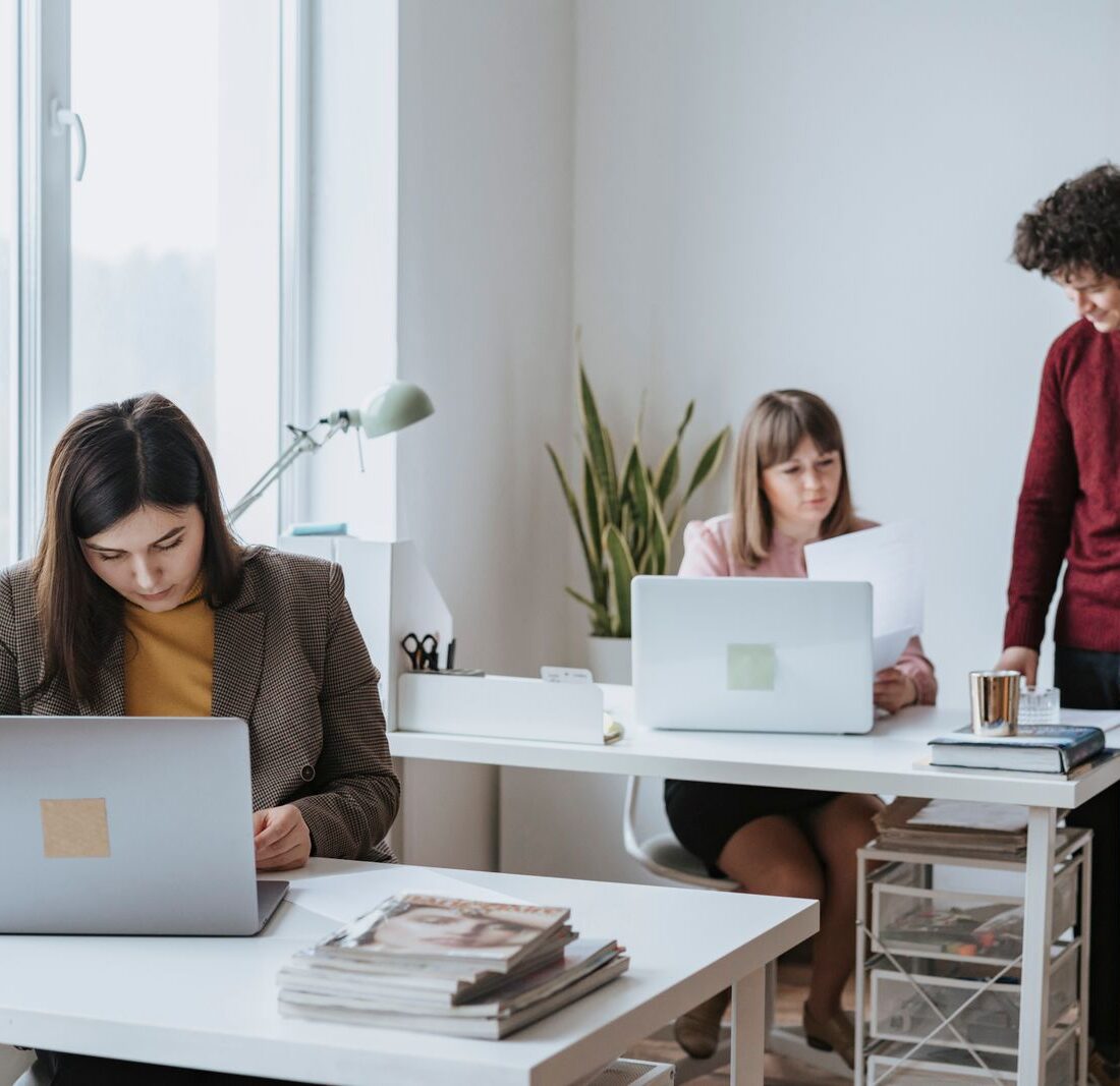 Colleagues working together in a bright studio